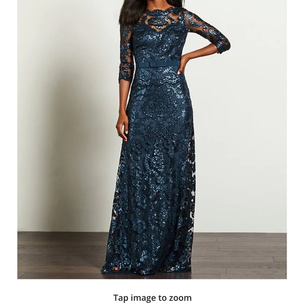 Tadashi Shoji Navy Blue Sequin Lace Maxi Dress